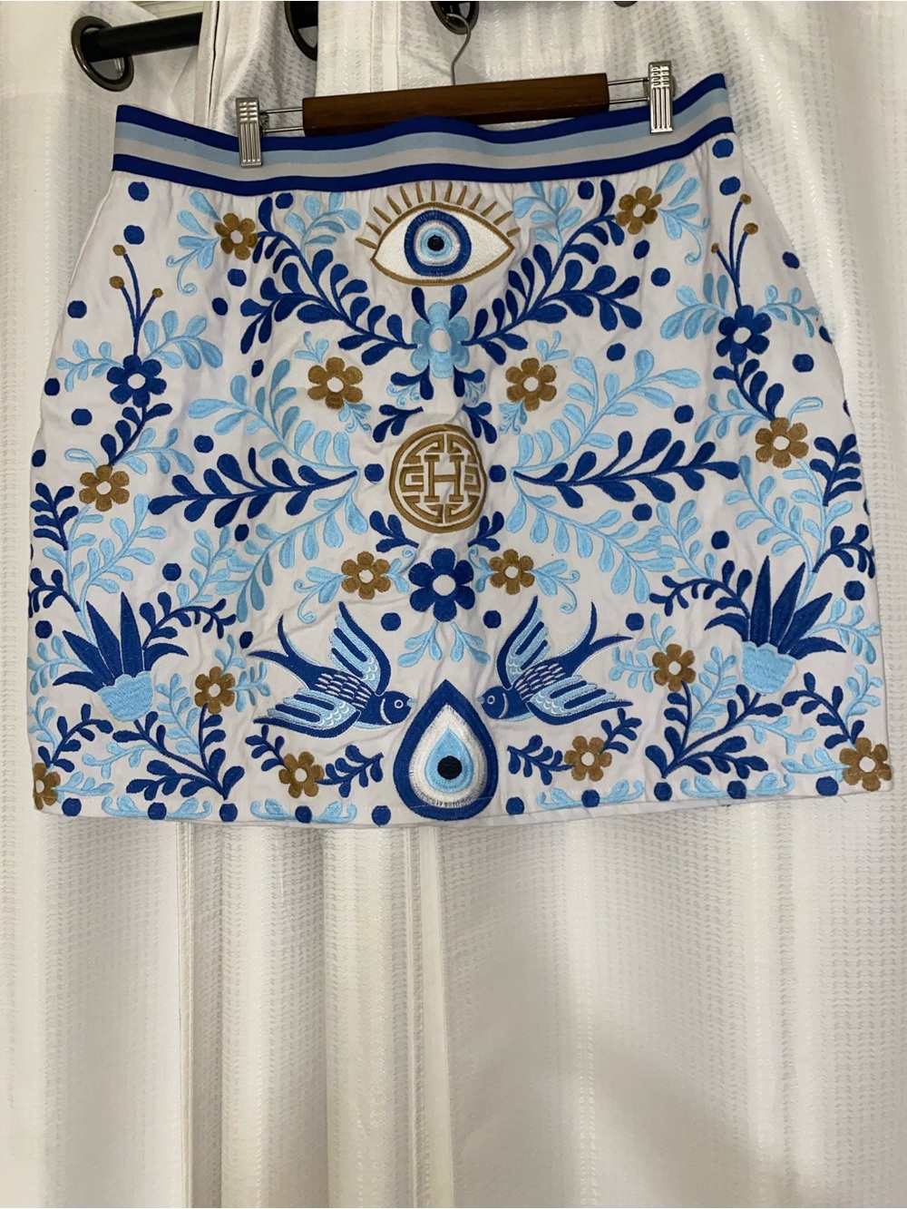 Herencia Collection Blue White Floral Embroidered Lined Short Skirt 2XL womens